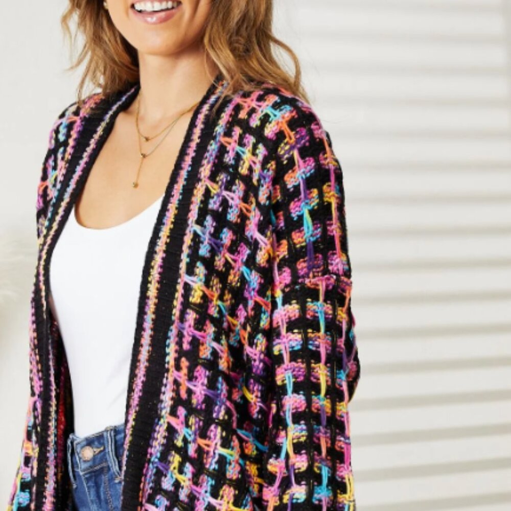 📣CLEARANCE📣 Boho Black Rainbow Open Front Fringe Long Cardigan - Picture 5 of 7
